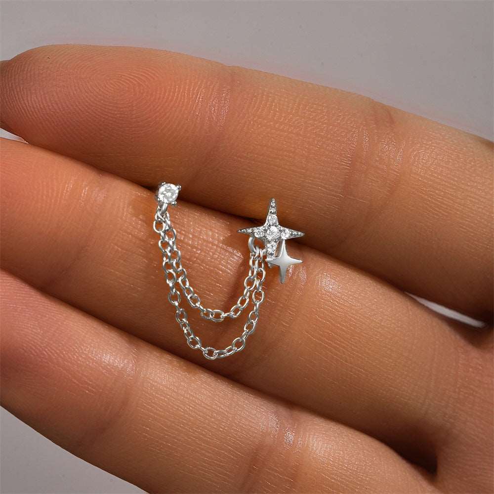 925 Silver Double Star Tassel Earrings CZ Diamond