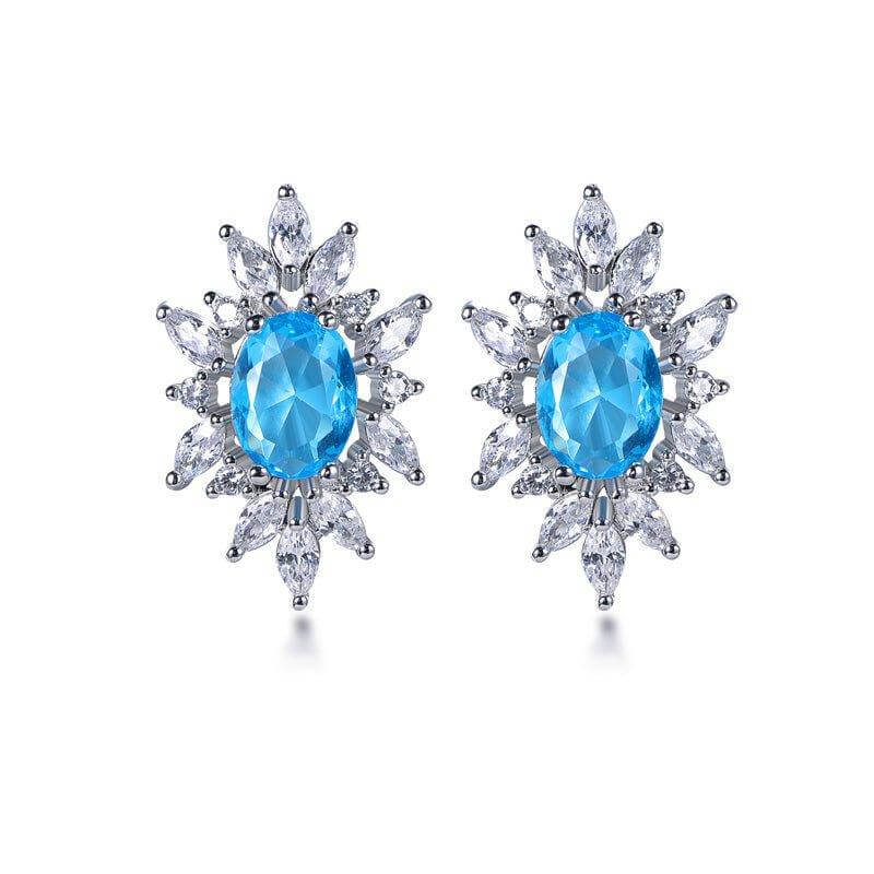 Classic Halo Aquamarine Blue Sapphire Oval Cut Stud Earrings In Sterling Silver - Trendolla Jewelry