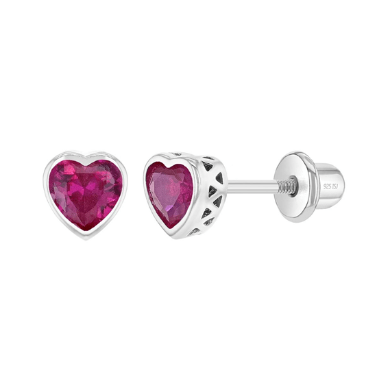 Sterling Silver Bezel Set  Ruby CZ Hearts Baby Children Screw Back Earrings - Trendolla Jewelry