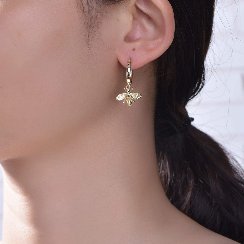Sterling Silver Huggie Hoop Earrings with Bee Charm - Trendolla Jewelry