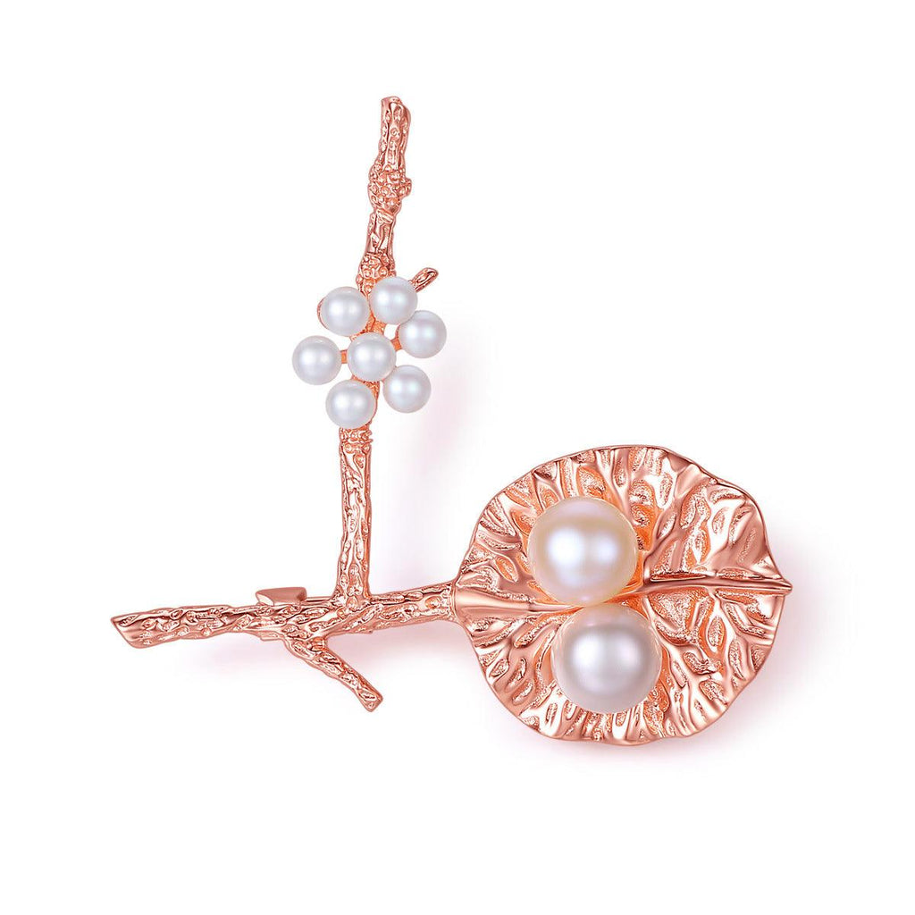 Trendolla Branches and Leaf Cultured Pearl Sterling Silver Pin Brooch - Trendolla Jewelry