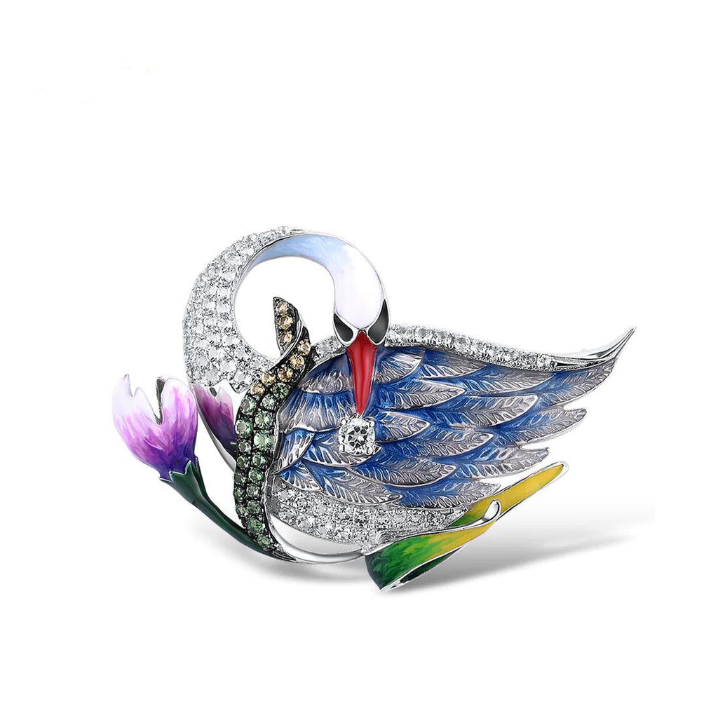 Trendolla Sterling Silver White Swan Enamel Pin Brooch - Trendolla Jewelry